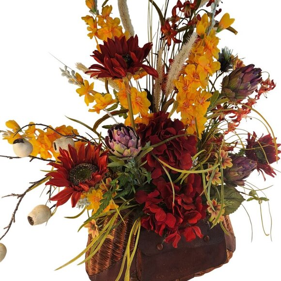 Artificial Floral Arrangement In Vintage Fishing Creel Wicker Basket With Leathe - Picture 8 of 14